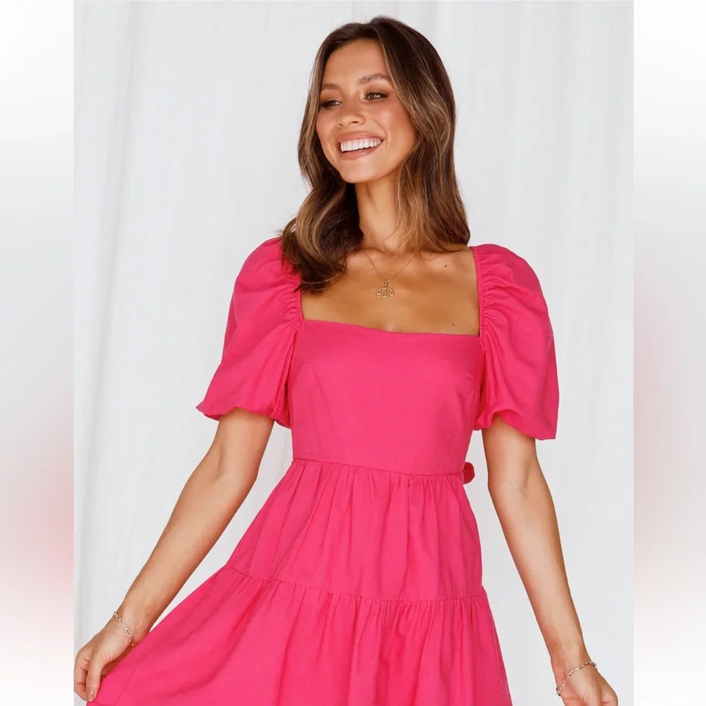 Hello Molly Best Weekend Pink Dress Tie Back Cutout Puff Sleeve Women 10 XL - Picture 3 of 9